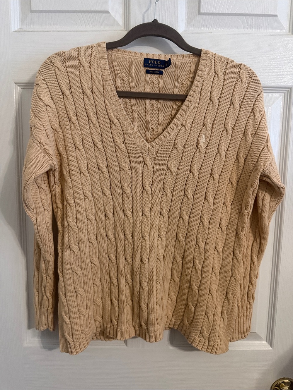 Polo Ralph Lauren Women's Beige Pima Cotton V-Neck Cable Knit Sweater XS